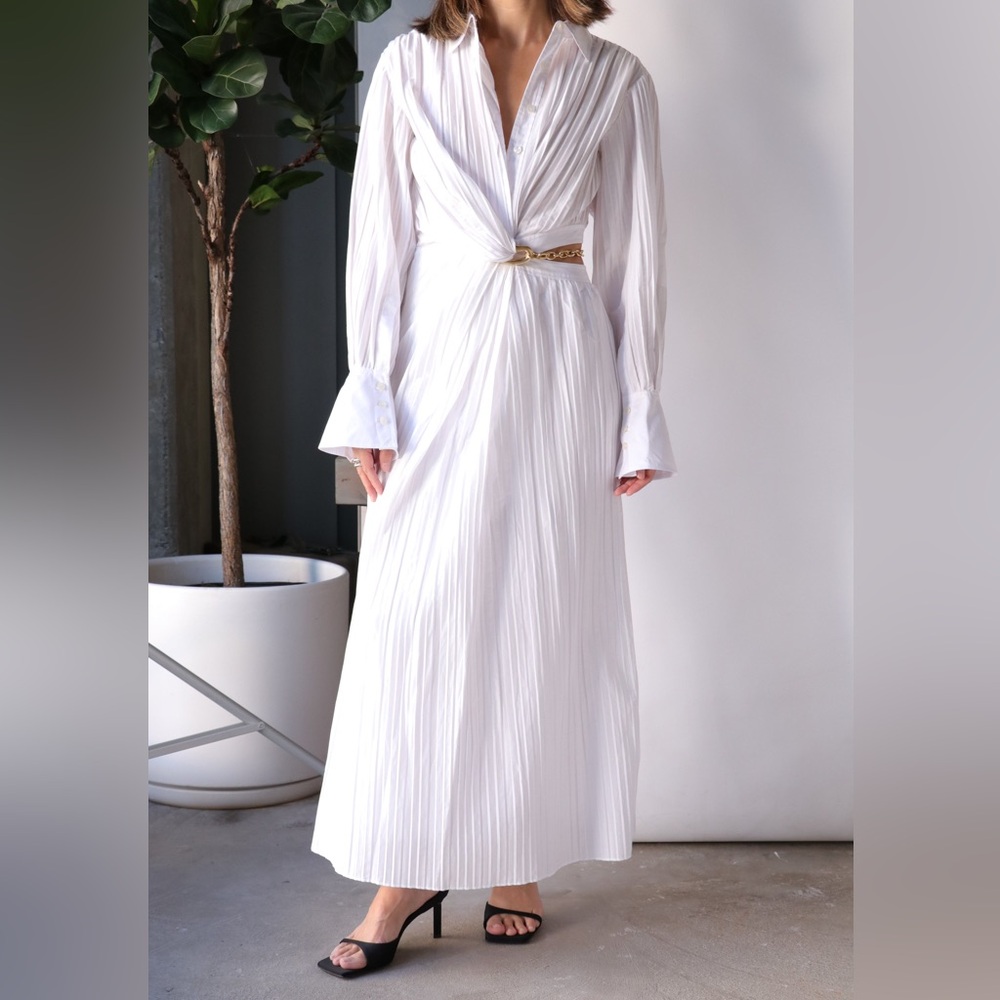 NWT Jonathan Simkhai Fraya Plisse Poplin Dress White size 6 Long Sleeve Maxi Rib